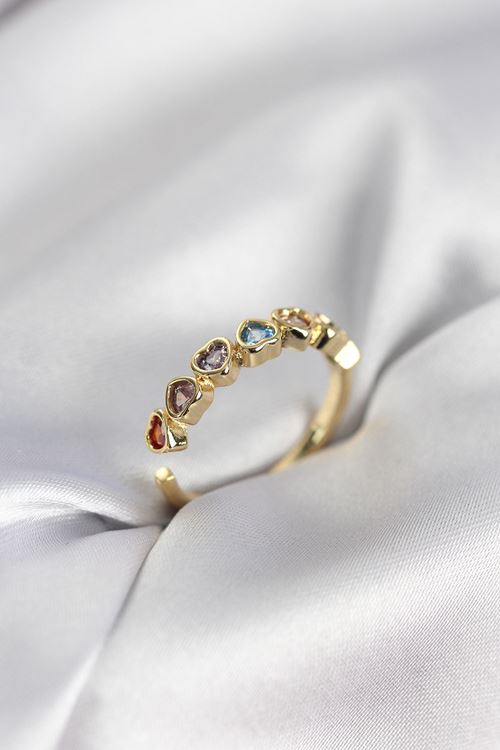 YRTCL Gold Renk Kalp Model Renkli Zirkon Taşlı Kadın Yüzük