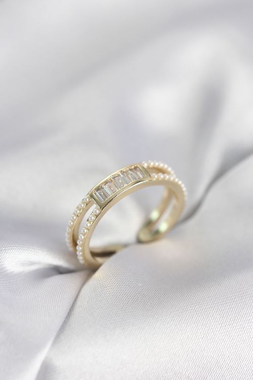 YRTCL Baget Zirkon Taşlı Gold Renk İncili Kadın Yüzük