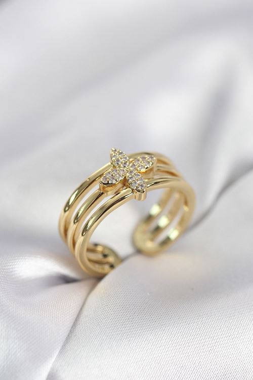 YRTCL Gold Renk Zirkon Taşlı Yonca Model Kadın Yüzük
