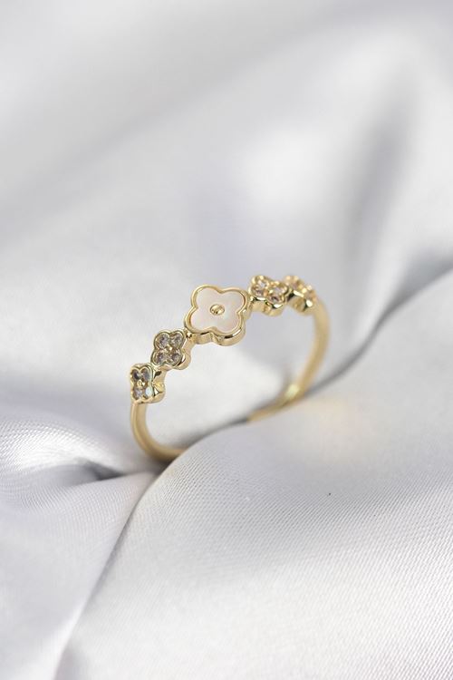 YRTCL Gold Renk Minimal Yonca ve Zirkon Taşlı Kadın Yüzük