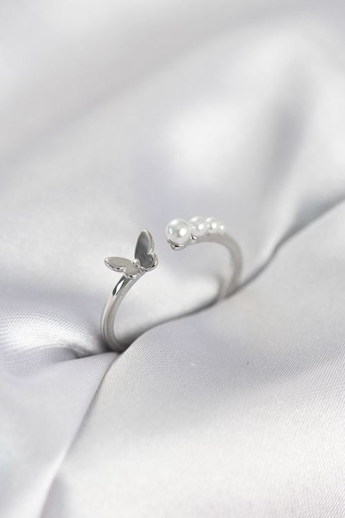 YRTCL İncili Kelebek Model Gümüş Renk Pirinç Kadın Yüzük