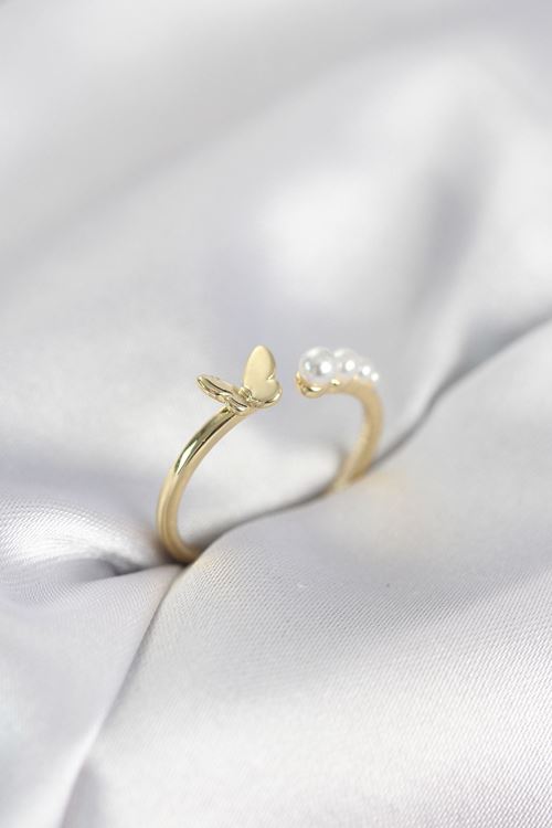 YRTCL İncili Kelebek Model Gold Renk Pirinç Kadın Yüzük