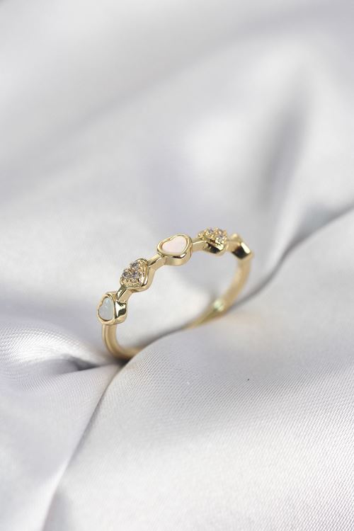 YRTCL Gold Renk Minimal Kalp Model Zirkon Taşlı Pirinç Kadın Yüzük