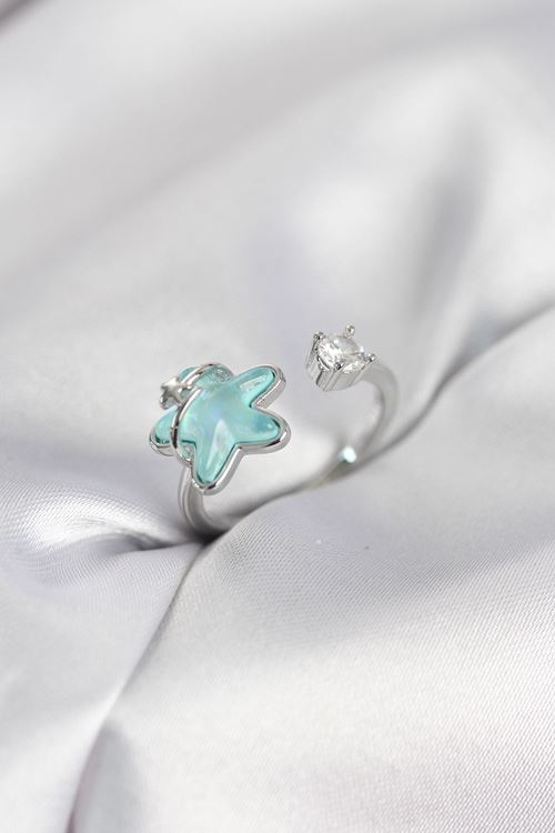 YRTCL Gümüş Renk Turkuaz Yıldız Model Kadın Yüzük