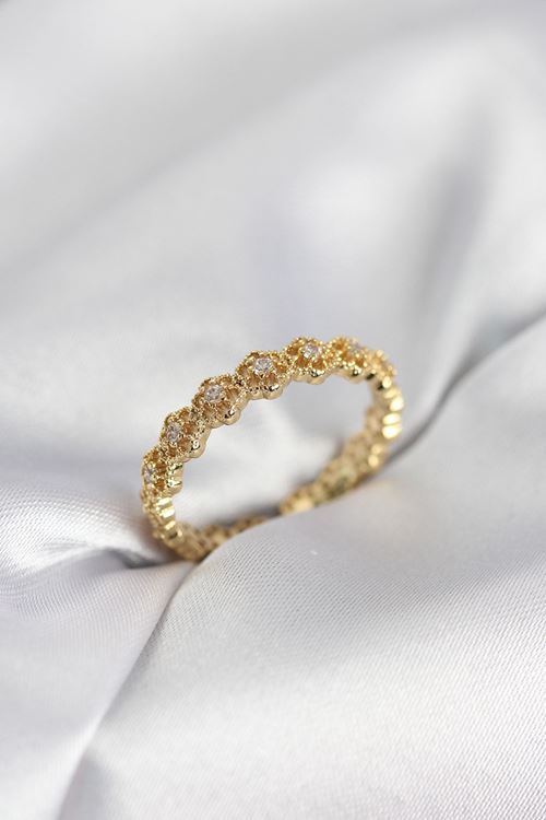 YRTCL Sıralı Çiçek Model Gold Renk Zirkon Taşlı Kadın Yüzük