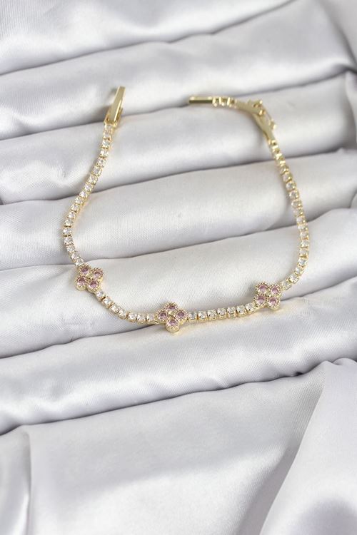 YRTCL Pembe Yonca Detaylı Zirkon Taşlı Gold Renk Pirinç Su Yolu Kadın Bileklik