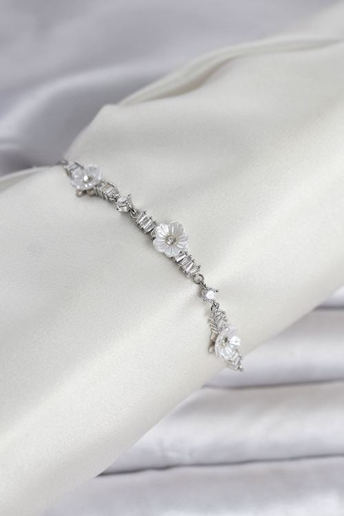 YRTCL Baget Zirkon Taşlı Çiçek Model Gümüş Renk Asansörlü Kadın Bileklik