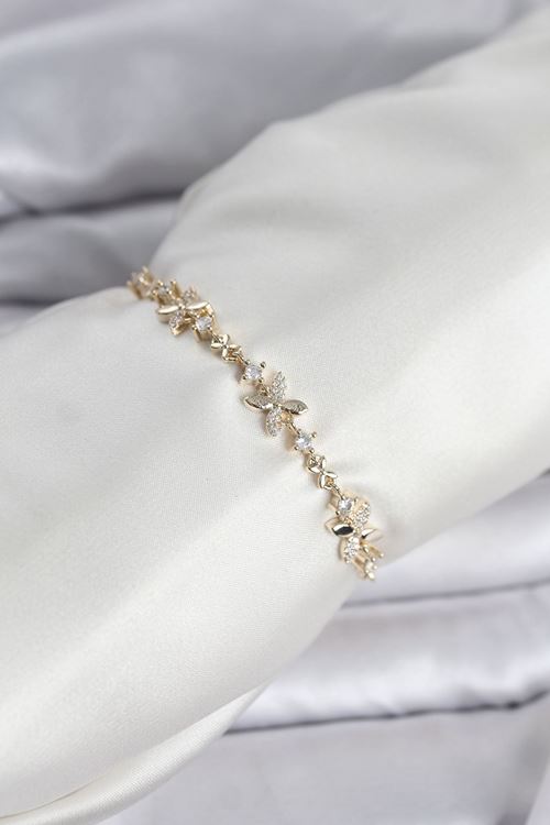 YRTCL Gold Renk Yonca Model Zirkon Taşlı Asansörlü Kadın Bileklik