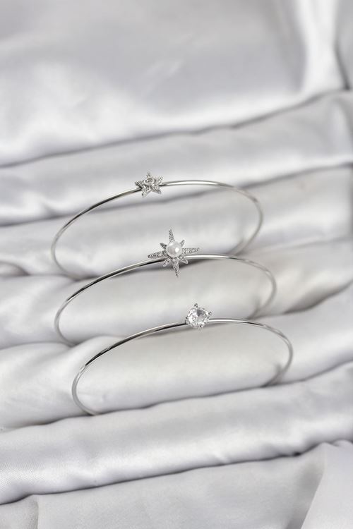 YRTCL Gümüş Renk Kutup Yıldızı Model Zirkon Taşlı 3'lü Kadın Bileklik Kombini