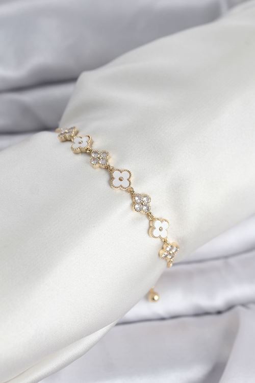 YRTCL Gold Renk Zirkon Taşlı Sıralı Yonca Model Asansörlü Kadın Bileklik