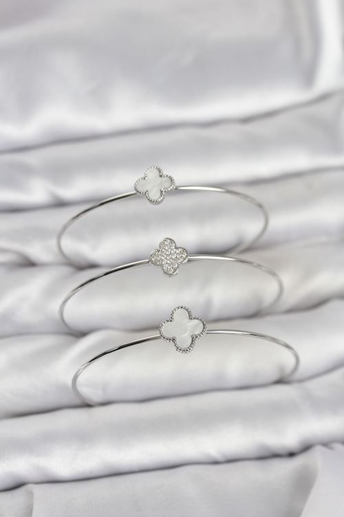 YRTCL Gümüş Renk Yonca Model Zirkon Taşlı 3'lü Kadın Bileklik Kombini