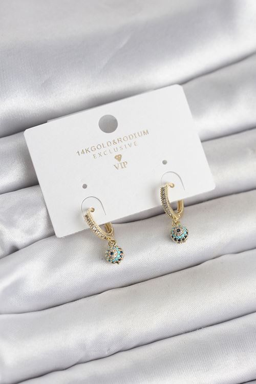 YRTCL Minimal Nazarlı Model Gold Renk Zirkon Taşlı Kadın Küpe