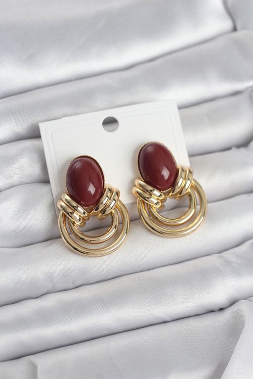 YRTCL Pirinç Gold Renk Bordo Taşlı Vintage Kadın Küpe