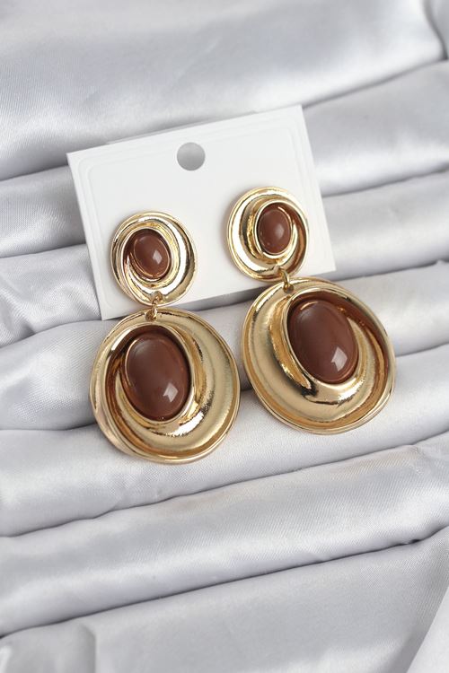 YRTCL Kahverengi Sallantılı Damla Model Gold Renk Vintage Kadın Küpe