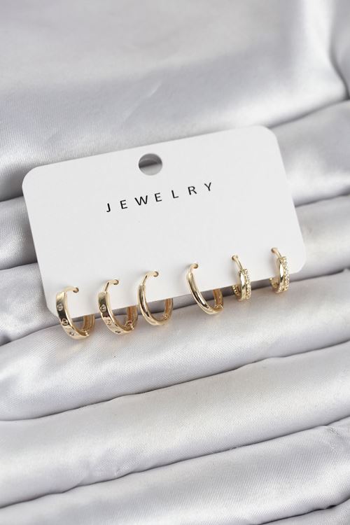 YRTCL Gold Renk Pirinç 3 Çift Kadın Küpe Seti