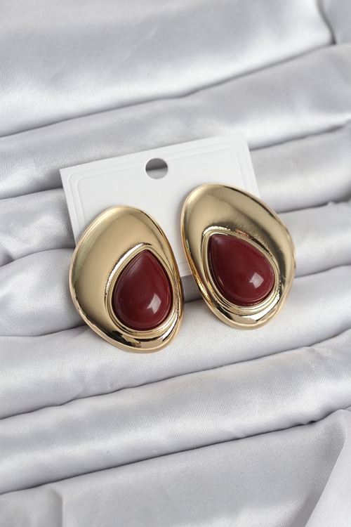 YRTCL Pirinç Gold Renk Bordo Taşlı Damla Model Vintage Kadın Küpe