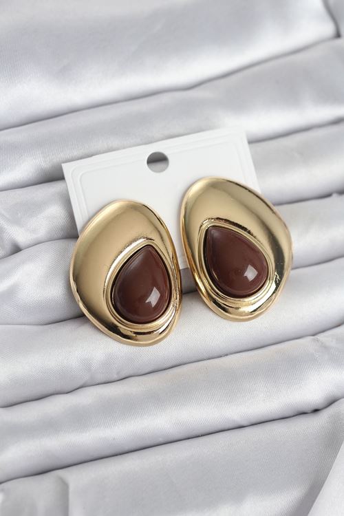 YRTCL Pirinç Gold Renk Kahverengi Taşlı Damla Model Vintage Kadın Küpe