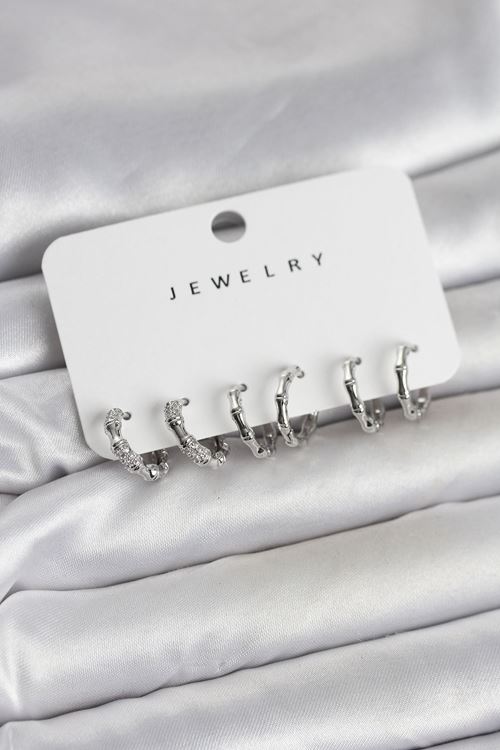 YRTCL Gümüş Renk Pirinç Kemik Model 3 Çift Kadın Küpe Seti