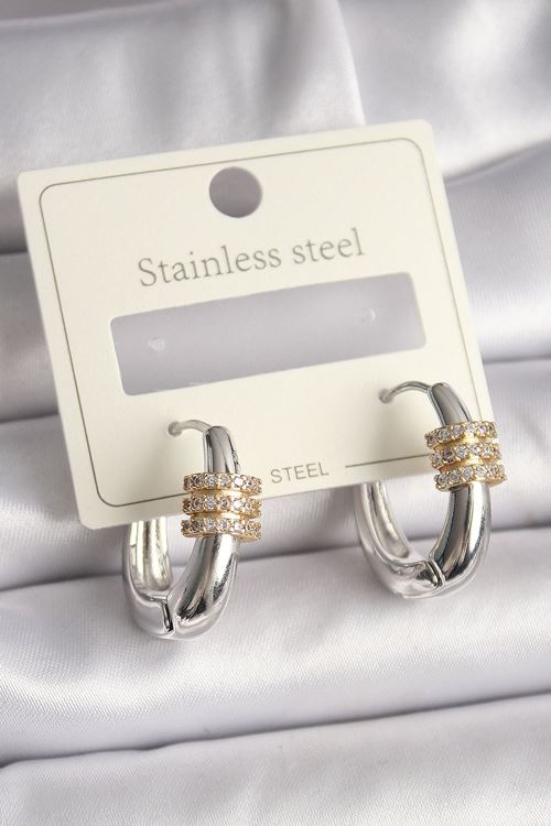 YRTCL 316L Çelik Gümüş Renk Halka Zirkon Gold Zirkon Taşlı Kadın Küpe