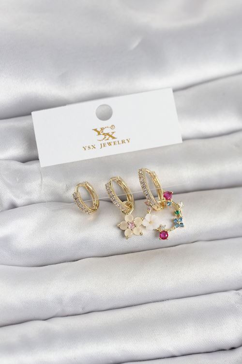 YRTCL Pirinç Gold Renk Çiçek Model 3'lü Kadın Küpe