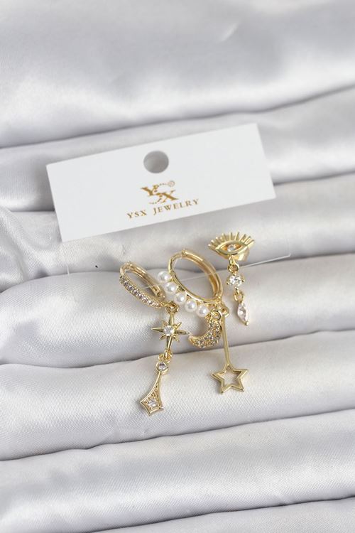 YRTCL Pirinç Gold Renk Zirkon Taşlı Gece Temalı 3'lü Kadın Küpe