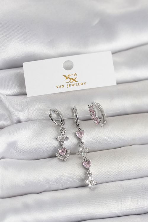 YRTCL Pirinç Gümüş Renk Pembe Zirkon Taşlı 3'lü Kadın Küpe