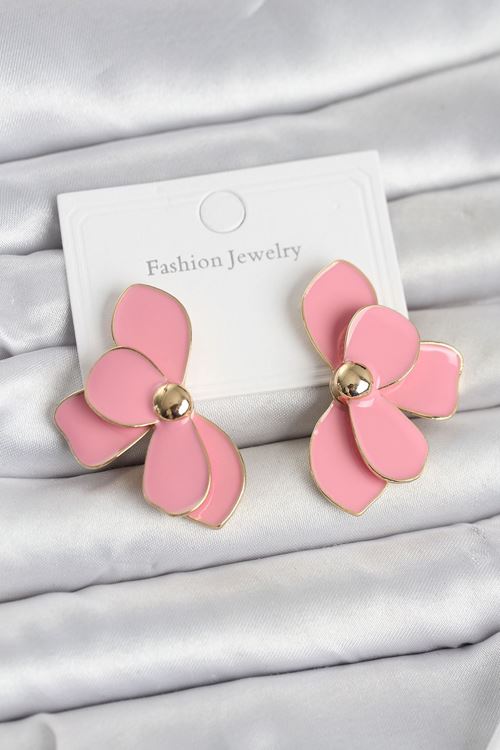 YRTCL Pembe Mineli Lotus Model Pirinç Kadın Küpe