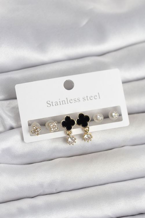 YRTCL 316L Çelik Gold Renk Yonca Detaylı Kadın Küpe Seti