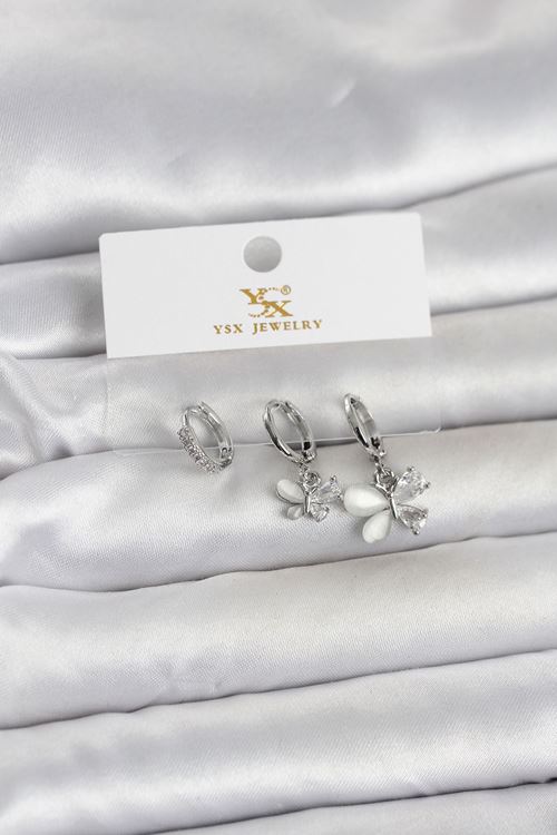 YRTCL Pirinç Gümüş Renk Kelebek Model 3'lü Kadın Küpe