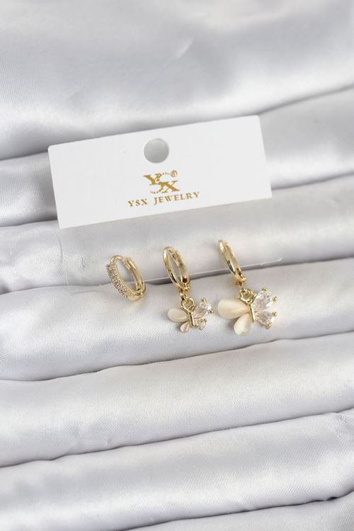 YRTCL Pirinç Gold Renk Kelebek Model 3'lü Kadın Küpe