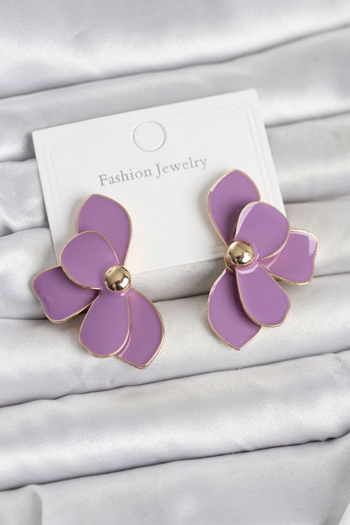 YRTCL Mor Mineli Lotus Model Pirinç Kadın Küpe