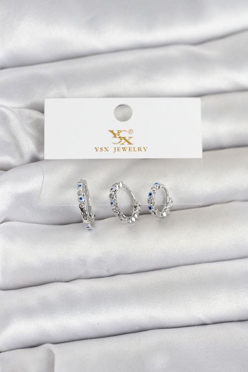 YRTCL Pirinç Gümüş Renk Nazarlı Model 3'lü Kadın Küpe