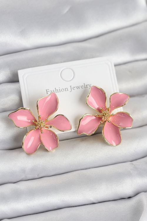 YRTCL Pembe Mineli Çiçek Model Pirinç Kadın Küpe