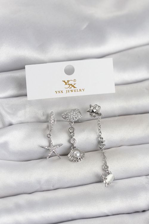 YRTCL Pirinç Gümüş Renk Zirkon Taşlı Deniz Temalı 3'lü Kadın Küpe