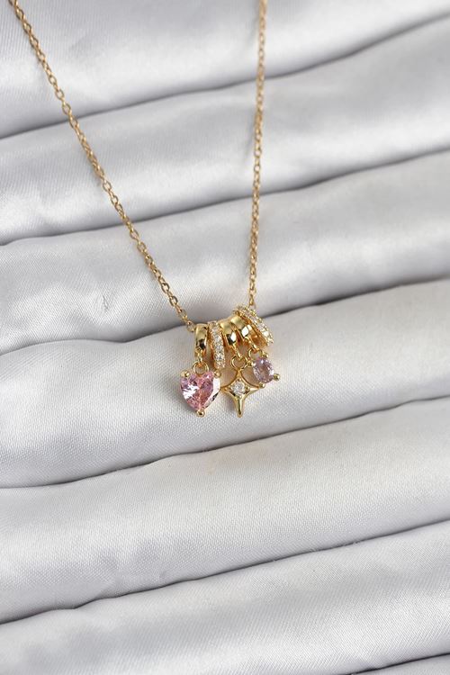 YRTCL 316L Çelik Gold Pembe Zirkon Taşlı Charmlı Kadın Kolye