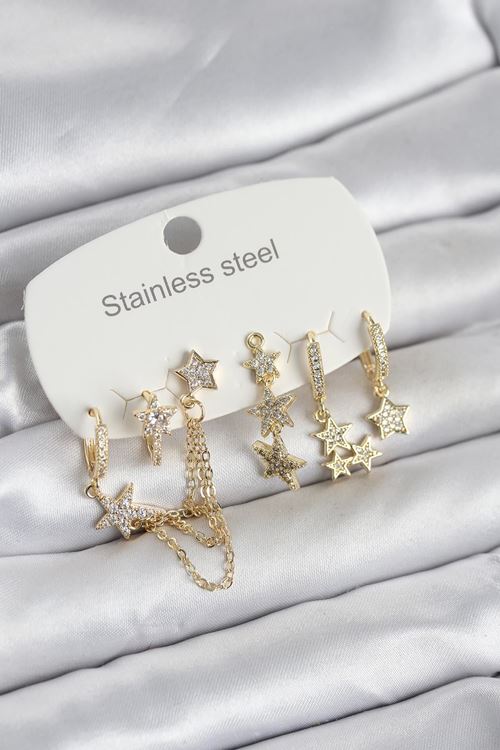 YRTCL 316L Çelik Gold Renk 6'lı Set Zincirli Yıldız Modelli Kadın Küpe