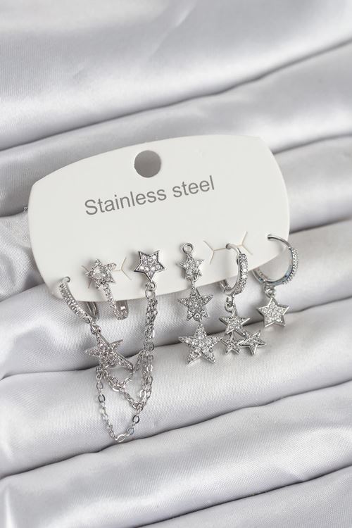 YRTCL 316L Çelik Gold Renk 6'lı Set Zincirli Yıldız Modelli Kadın Küpe