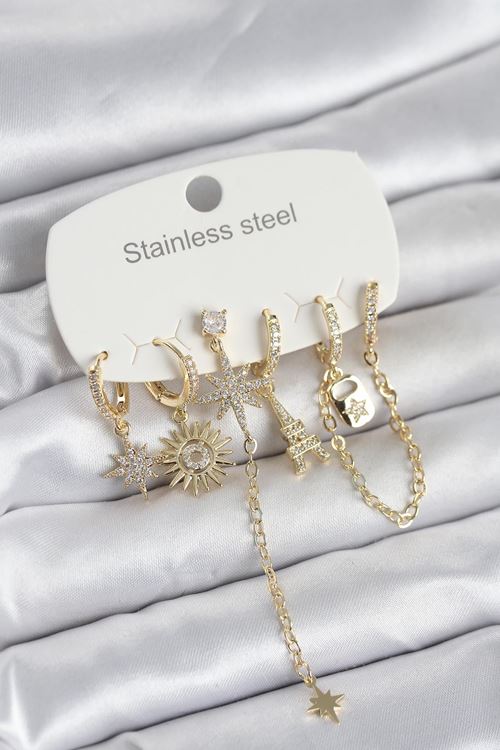 YRTCL 316L Çelik Gold Renk 6'lı Set Charmlı Kadın Küpe