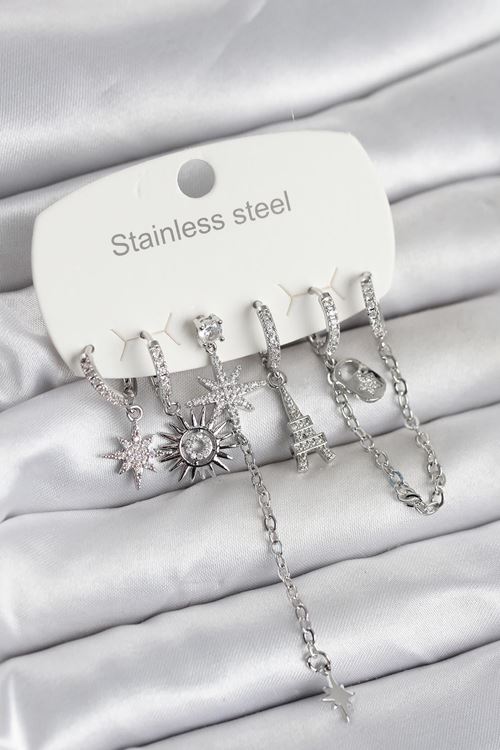 YRTCL 316L Çelik Gümüş Renk 6'lı Set Charmlı Kadın Küpe