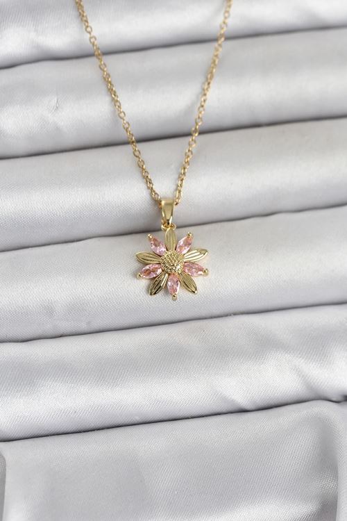 YRTCL 316L Çelik Zincir Gold Renk Pembe Papatya Model Kadın Kolye