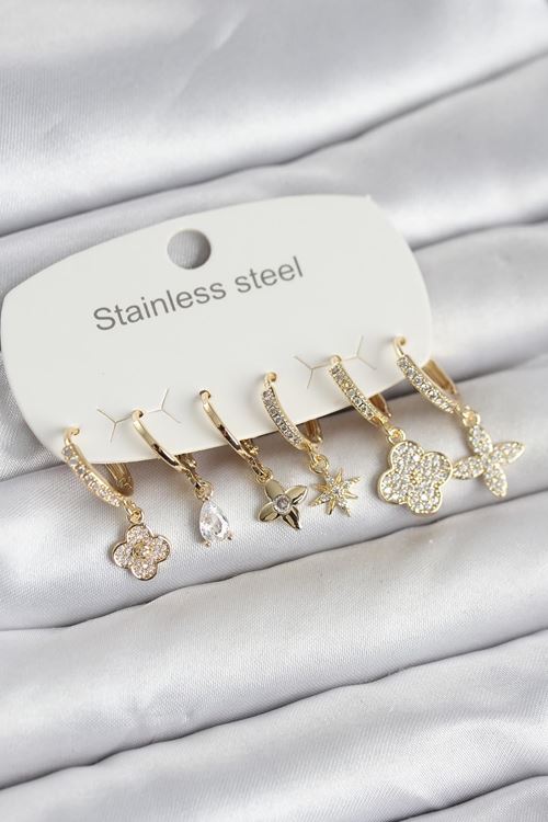 YRTCL 316L Çelik Gold Renk 6'lı Set Yonca Model Kadın Küpe