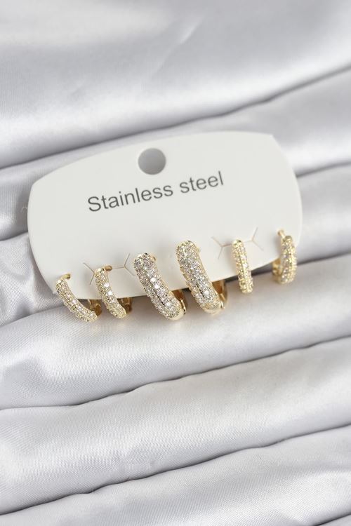 YRTCL 316L Çelik Gold Renk 6'lı Set Zirkon Taşlı Halka Model Kadın Küpe