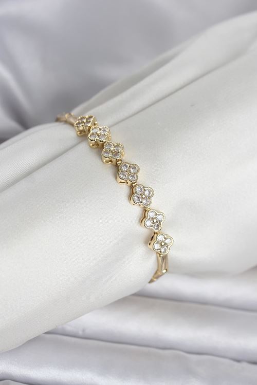 YRTCL Pirinç Gold Renk Yonca Model Zirkon Taşlı Kadın Bileklik