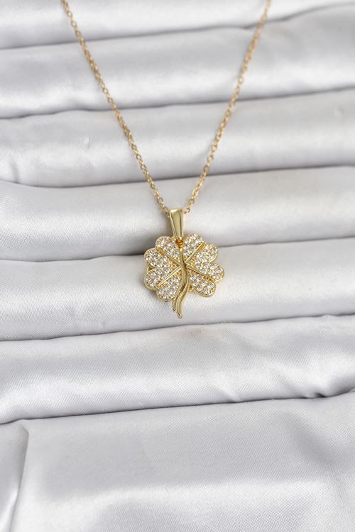 YRTCL 316L Çelik Gold Renk Açılabilir Yonca Model Zirkon Taşlı Kadın Kolye