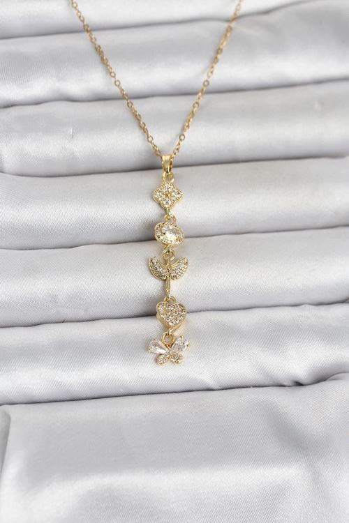 YRTCL 316L Çelik Gold Renk Şans Kolyesi Y Model Zirkon Taşlı Kadın Kolye