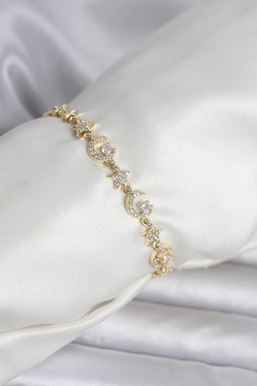 YRTCL Pirinç Gold Renk Zirkon Taşlı Ay ve Yıldız Model Kadın Bileklik