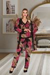 YRTCL Kadın Seksi Yaprak Desenli Askılı Pijama Ve Sabahlık Takımı 3 Parça Alt Üst Gecelik Pijama Takımı